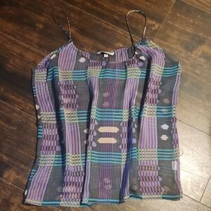 TUCKER plaid sheer silk boxy cami P Women's gray+purple print summer Top XS/S